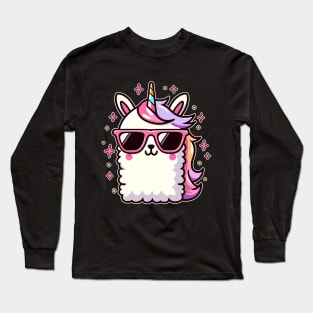 Unicorn Llama Head Wearing Sunglasses Cute Kawaii Alpaca Long Sleeve T-Shirt